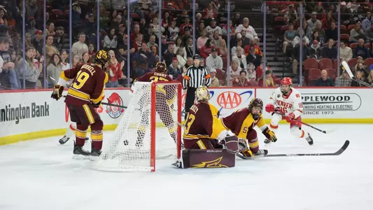 DENVER, COLORADO - FEB 27: The Denver Pioneers men’s ice hockey team takes on Arizona State at Magness Arena in Denver, Colorado. (Photo by C. Morgan Engel/Clarkson Creative Photography)