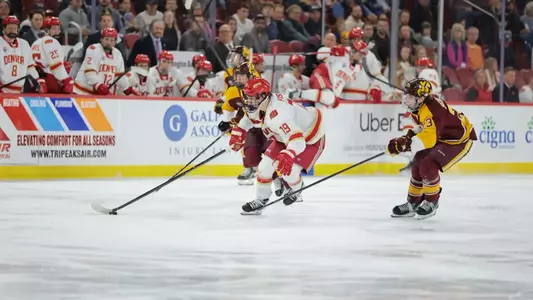 DENVER, COLORADO - FEB 27: The Denver Pioneers men’s ice hockey team takes on Arizona State at Magness Arena in Denver, Colorado. (Photo by C. Morgan Engel/Clarkson Creative Photography)