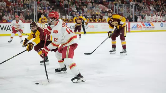 DENVER, COLORADO - FEB 27: The Denver Pioneers men’s ice hockey team takes on Arizona State at Magness Arena in Denver, Colorado. (Photo by C. Morgan Engel/Clarkson Creative Photography)