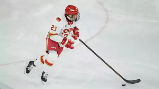 DENVER, COLORADO - FEB 27: The Denver Pioneers men’s ice hockey team takes on Arizona State at Magness Arena in Denver, Colorado. (Photo by C. Morgan Engel/Clarkson Creative Photography)