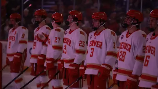 DENVER, COLORADO - FEB 27: The Denver Pioneers men’s ice hockey team takes on Arizona State at Magness Arena in Denver, Colorado. (Photo by C. Morgan Engel/Clarkson Creative Photography)