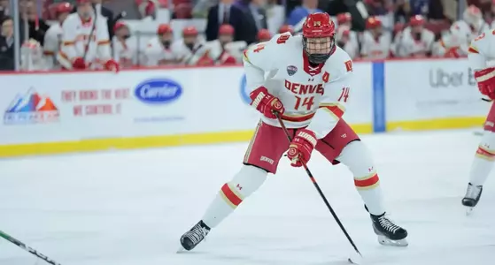 01 NOV 2025: The Denver Pioneers Men’s Hockey Team takes on Alaska Anchorage in Denver, CO. (C. Morgan Engel/Clarkson Creative Photography)