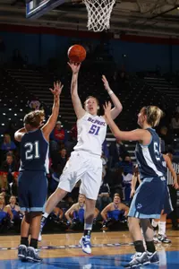 Katherine Harry tallied her seventh career double-double with 14 points and 14 rebounds. The Blue Demons topped NJIT 90-43 on Thursday at McGrath Arena.