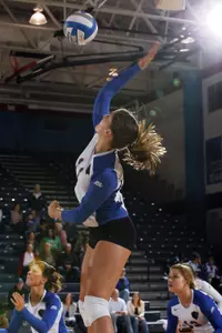 Freshman Amy Lanski leads the Blue Demons in kills so far this season.