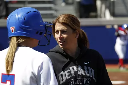 DePaul assistant coach and former All-American pitcher Nancy Evans conducts a pitching clinic Dec. 10.
