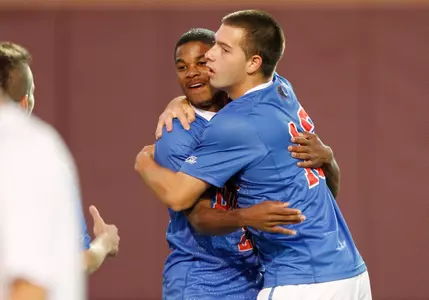 David Selvaggi (right) is congratulated by Anthony Hunter after Selvaggi's first collegiate goal in Wednesday night's 1-1 tie with Loyola Chicago.