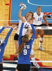 Rachel Aumann had five kills to go along with six blocks in DePaul's 3-1 loss to Eastern Illinois on Friday.