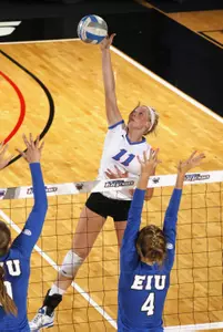 Freshman Callie Huebener posted nine kills to lead a balanced DePaul attack; six Blue Demons recorded at least three kills.