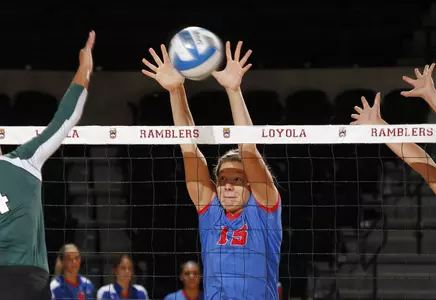 Senior Rachel Aumann leads the Blue Demons with 43 total blocks on the season.