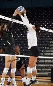 Sophomore Colleen Smith recorded her third double-double of the season in the Blue Demon setback.
