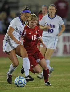 Kylie Nordness battles for the ball in Saturday night's 1-0 loss at Indiana in the NCAA tournament.