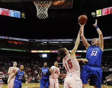 Katherine Harry scored eight points and grabbed 13 rebounds in DePaul's 81-55 loss at No. 10/11 Louisville on Sunday.
