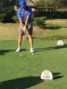 Adrian Halimi tees off during Friday's practice round at LSU's University Golf Course.