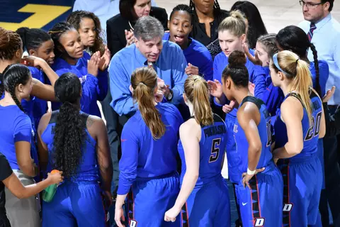 Dec 17, 2017; South Bend, IN, USA; DePaul Blue Demons head coach Doug Bruno talks to his players before the game against the Notre Dame Fighting Irish at the Purcell Pavilion. Mandatory Credit: Matt Cashore-USA TODAY Sports