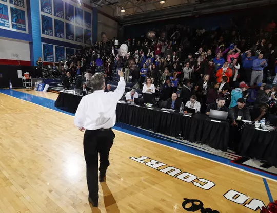 Head Coach Doug Bruno thanks the DePaul fans for their support postgame