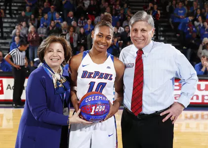 Jean Lenti Ponsetto, Amarah Coleman (10) & Doug Bruno with Amarah's 1000th point ball before the DePaul Women's Basketball game vs. Villanova