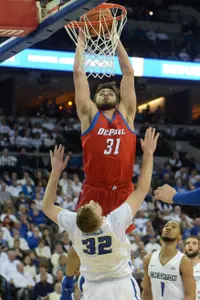 Feb 27, 2018; Omaha, NE, USA; DePaul Blue Demons guard Max Strus (31) attempts a dunk. Steven Branscombe-USA TODAY Sports