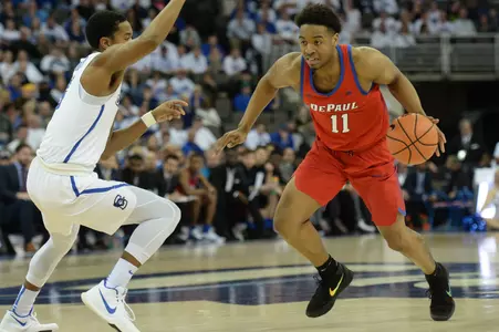 Feb 27, 2018; Omaha, NE, USA; DePaul Blue Demons guard Eli Cain (11). Steven Branscombe-USA TODAY Sports