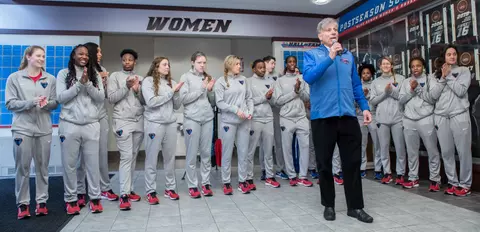 Head coach Doug Bruno and his team address the crowd gathered at McGrath-Phillips Arena for the the 2018 NCAA Tournament sendoff.