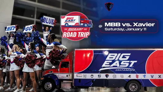 big east road trip logo on a graphic with photos of cheer and dance team and the date "Saturday, Jan. 11"