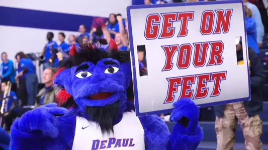 DIBS mascot holding sign that says "Get on Your Feet"