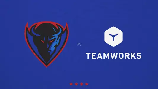 depaul logo x teamworks logo on blue background