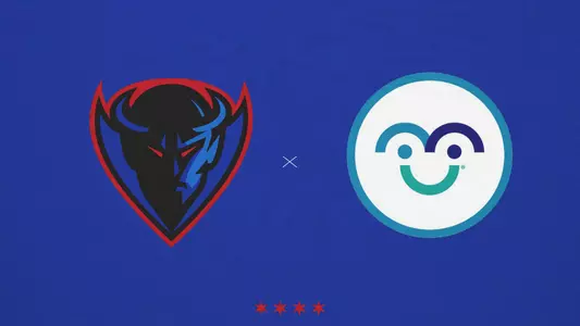 DePaul logo and Mamava logo on a blue background