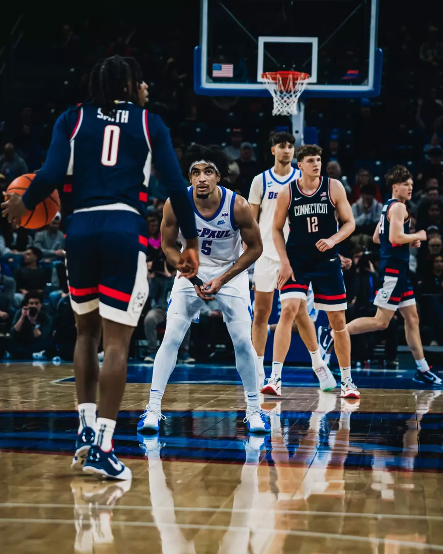 Junior RJ Smith prepares for a defensive possession against UConn.