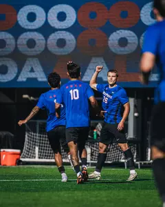 Christian Baumgartner celebrates a goal against Purdue Fort Wayne