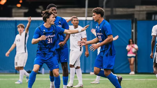 Jayden Waski and Keagan Pace celebrate a DePaul goal.