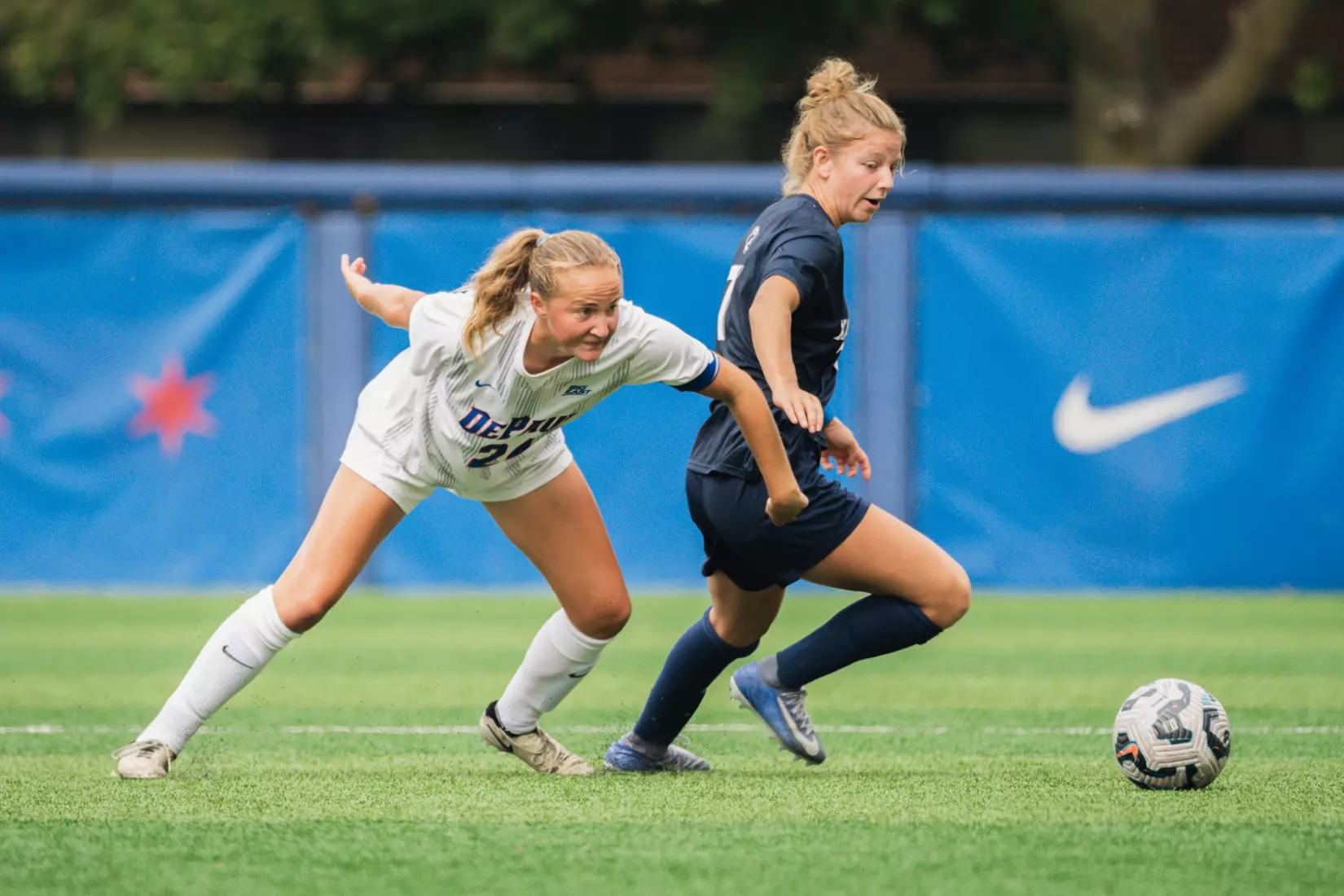 Danielle Fjeldsted closes down the ball successfully.