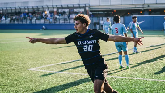 Keagan Pace celebrates after a goal versus UIC.