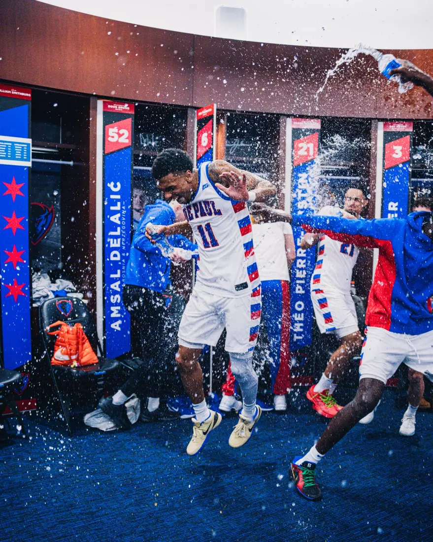 CJ Gunn celebrating in the locker room post-game.