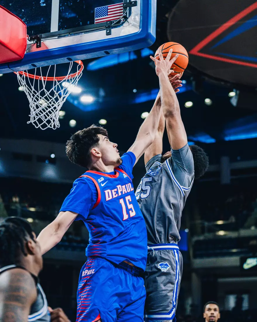 Fabian Flores contests a Seton Hall shot.