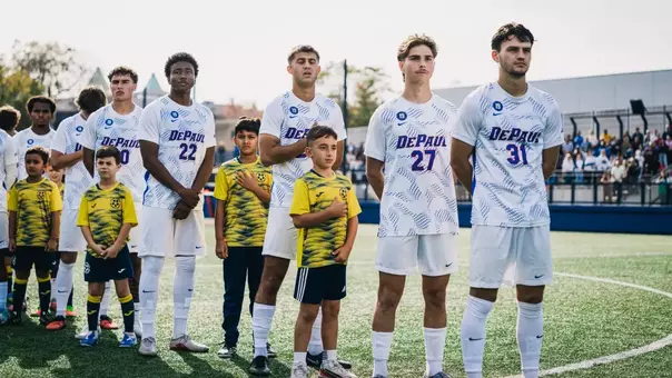 Keagan Pace, Jordan Clagette, Matt Eger, Daniel Hickiewicz and Jayden Waski standing for National Anthem.
