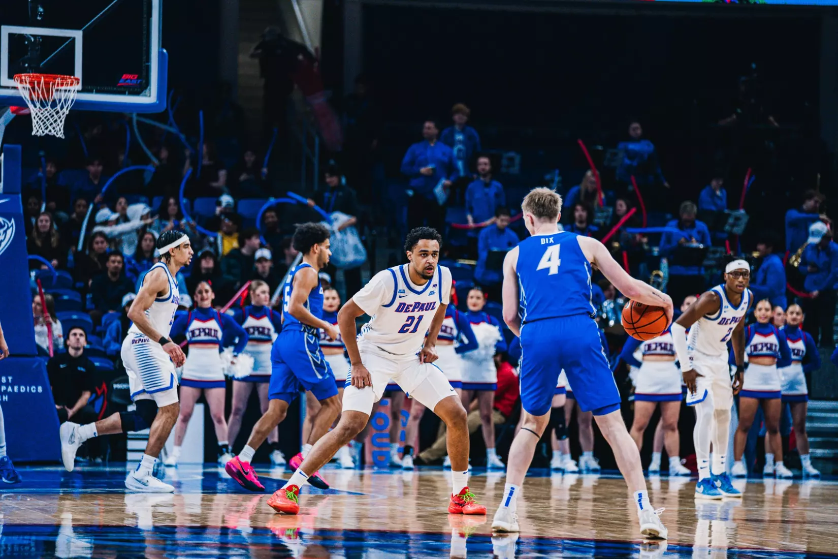 Forward Théo Pierre-Justin locks in on defense.