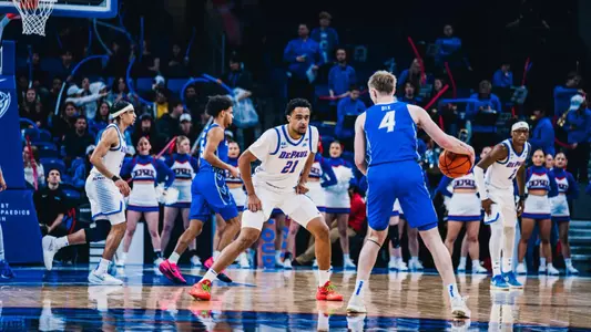 Forward Théo Pierre-Justin locks in on defense.