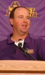 Pictured: Head Coach Skip Holtz addresses the media.