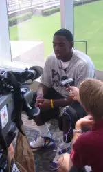 WR Aundrae Allison fields questions at ECU's Media Day
