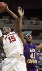 Rutgers center Kia Vaughn is defended by Nicole Days during the first half.