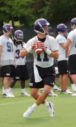 Brett Clay participates in a passing drill during preseason camp.