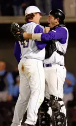 Seth Maness (left) and Jared Avchen (right) celebrate ECU's win over No. 1 UNC Tuesday night.
