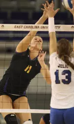 Senior Britney Roper tied for the team lead with seven kills in the Pirates' season finale Wednesday.