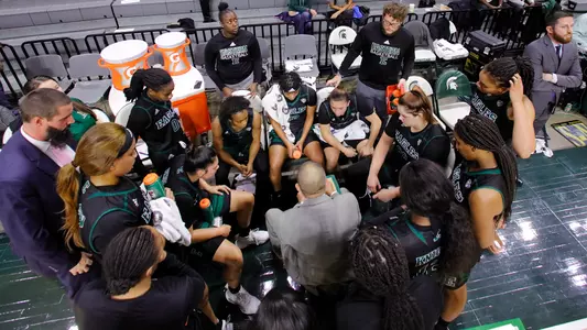 Women's Basketball huddle vs. Michigan State