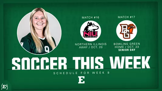 Soccer This Week graphic for week 9 with Kylie Frantz and the logos of Northern Illinois and Bowling Green