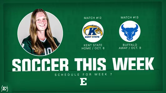 Weekly soccer graphic featuring Maddie O'Farrell and logos for this week's opponents, Kent State and Buffalo