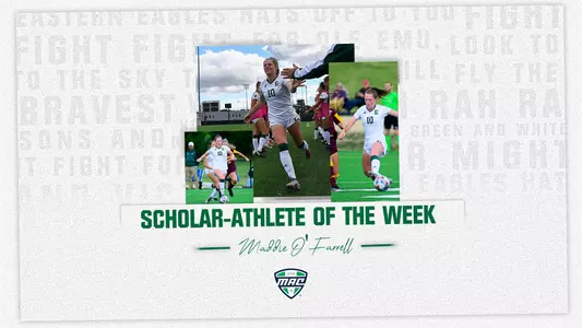 Maddie O'Farrell action shots graphic for MAC Scholar-Athlete of the Week