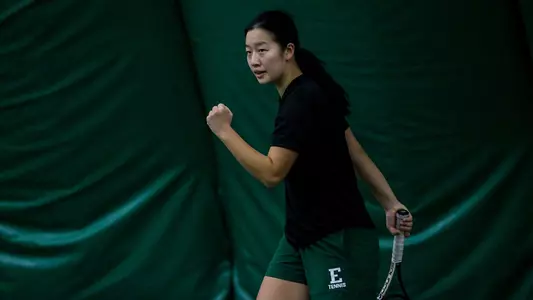 Wendy Zhang celebrates a point at Cleveland State, Jan. 29