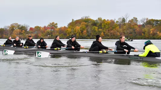 Second Varsity Eight boat rowing on Ford Lake during the team's picture day 10/14/22