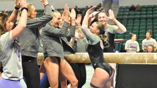 Mick Stuckey celebrates after beam routine with teammates